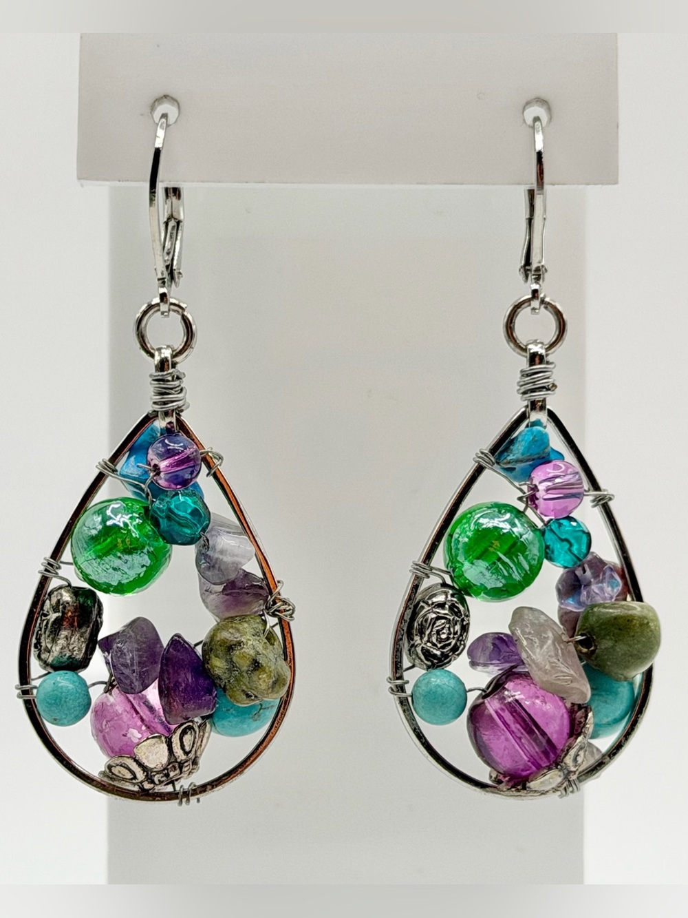 Handcrafted Multicolor Teardrop Gemstone Wire-Wrap Earrings